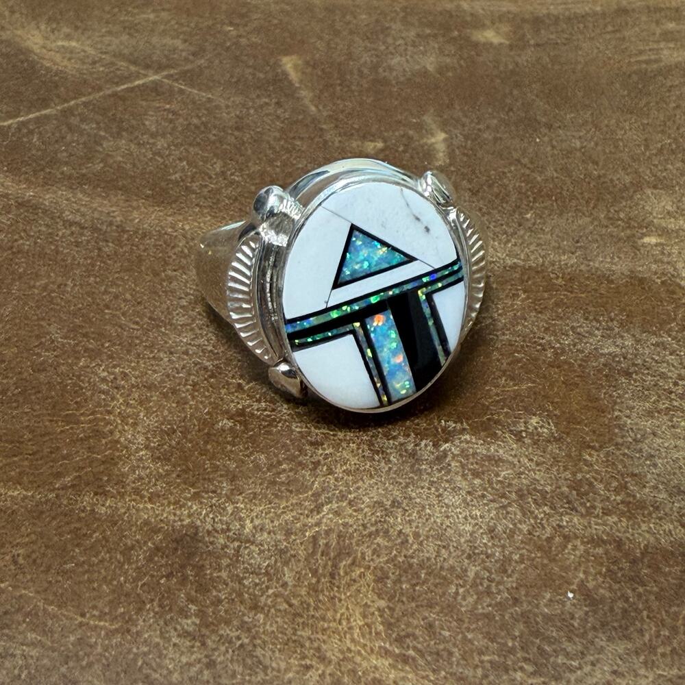 White buffalo Inlay and Sterling Silver Navajo Native Ring SZ 13 Albert Tsosie